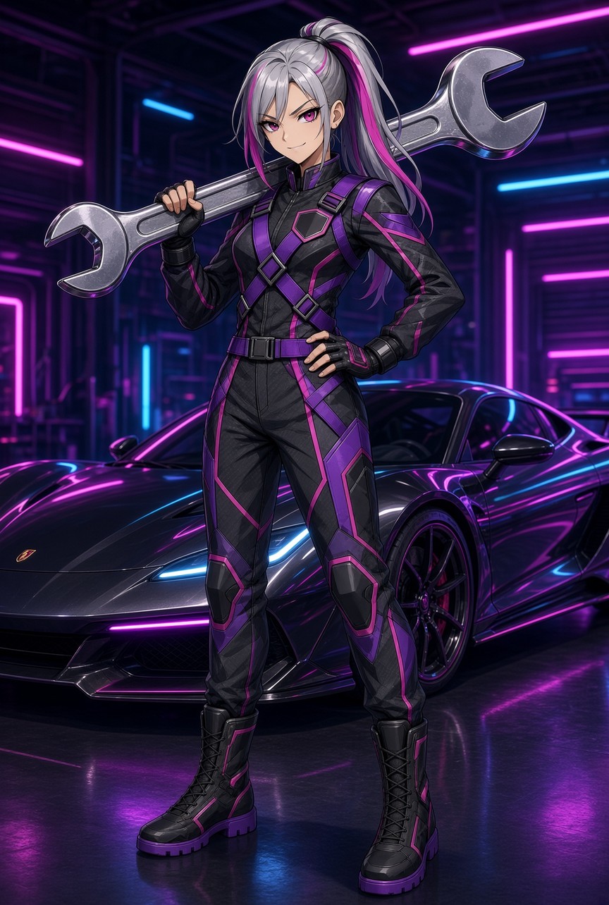 Trinity, the Triforce Auto Repair mascot, holding a large wrench